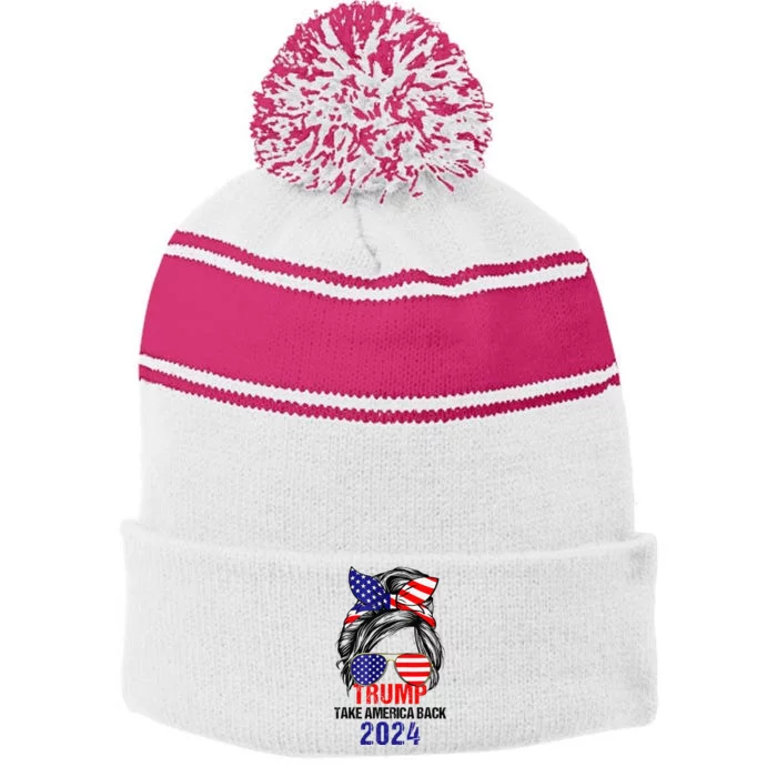 Messy Bun Support Trump 2024 Flag Take America Back Stripe Pom Pom Beanie