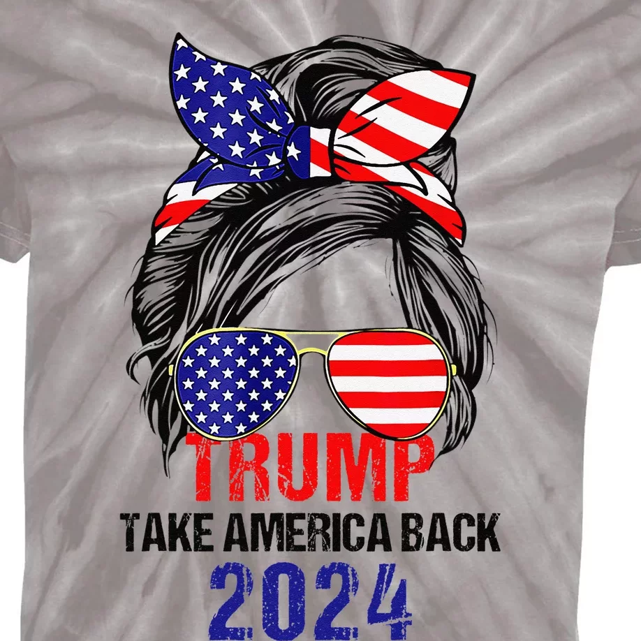 Messy Bun Support Trump 2024 Flag Take America Back Kids Tie-Dye T-Shirt