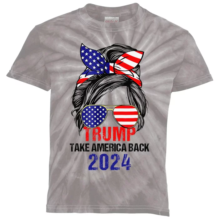 Messy Bun Support Trump 2024 Flag Take America Back Kids Tie-Dye T-Shirt