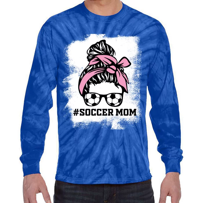 Messy Bun Soccer Mom Life Bleached Game Day Cheer Mom Gift Tie-Dye Long Sleeve Shirt