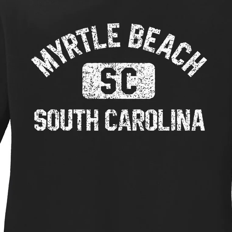 Myrtle Beach SC Gym Style Distressed White Print Ladies Long Sleeve Shirt