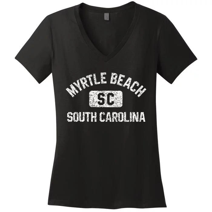 Myrtle Beach SC Gym Style Distressed White Print Women's V-Neck T-Shirt