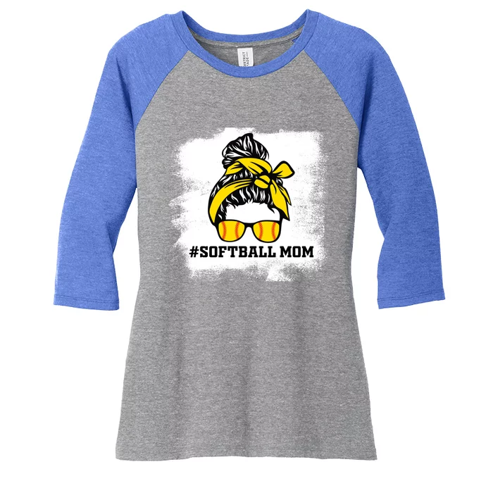 Messy Bun Softball Mom Life Bleached Game Day Cheer Mom Gift Women's Tri-Blend 3/4-Sleeve Raglan Shirt