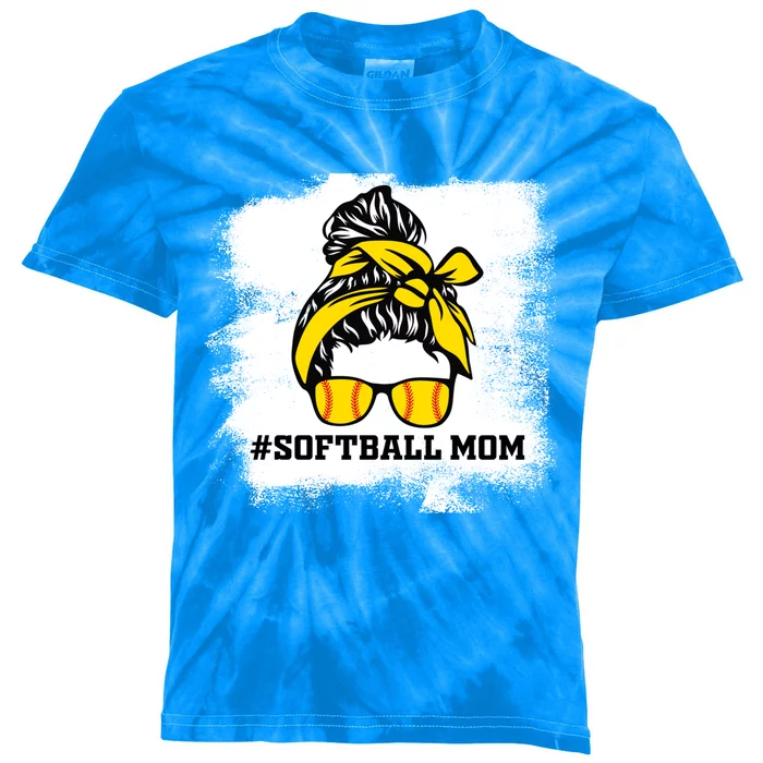 Messy Bun Softball Mom Life Bleached Game Day Cheer Mom Gift Kids Tie-Dye T-Shirt