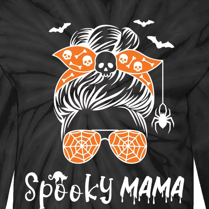 Messy Bun Spooky Mama Mom Funny Halloween Costume Skull Tie-Dye Long Sleeve Shirt