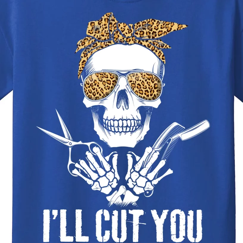 Messy Bun Skull Leopard Hairdresser I'll Cut You Halloween Funny Gift Kids T-Shirt