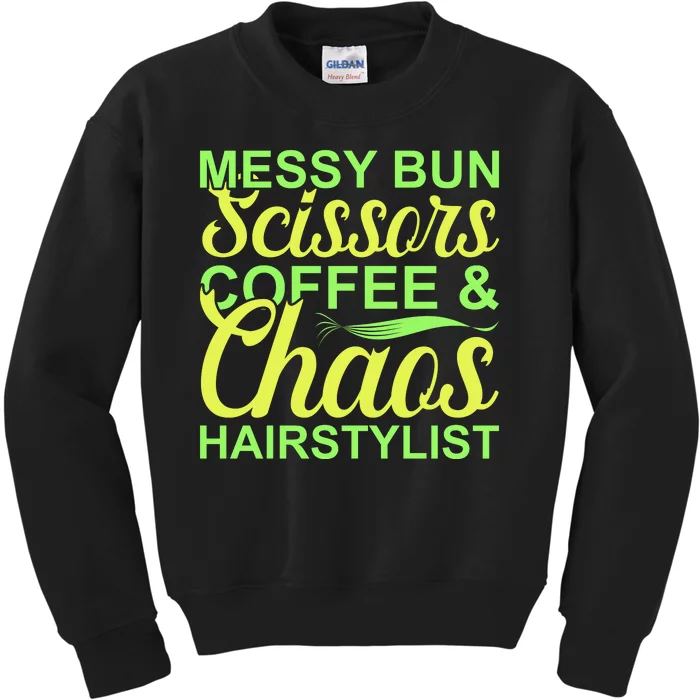 Messy Bun Scissors Coffee And Chaos Hairstylist Kids Sweatshirt