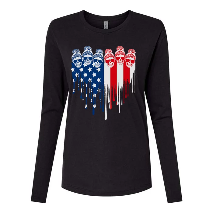 Messy Bun Skulls USA American Flag Painted Heart Womens Cotton Relaxed Long Sleeve T-Shirt