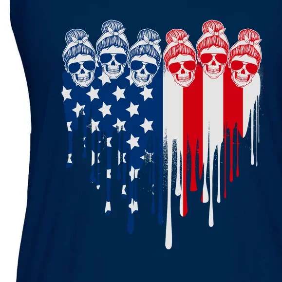 Messy Bun Skulls USA American Flag Painted Heart Ladies Essential Flowy Tank