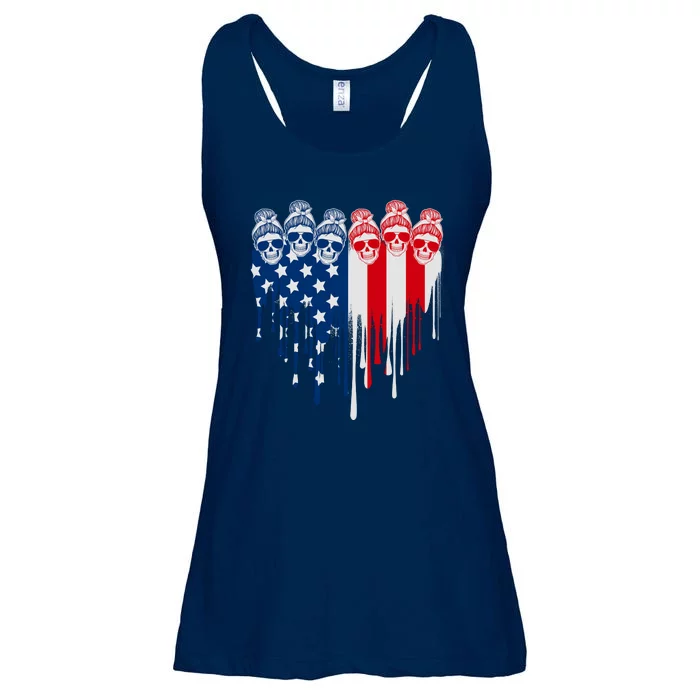 Messy Bun Skulls USA American Flag Painted Heart Ladies Essential Flowy Tank