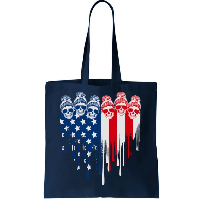 Messy Bun Skulls USA American Flag Painted Heart Tote Bag