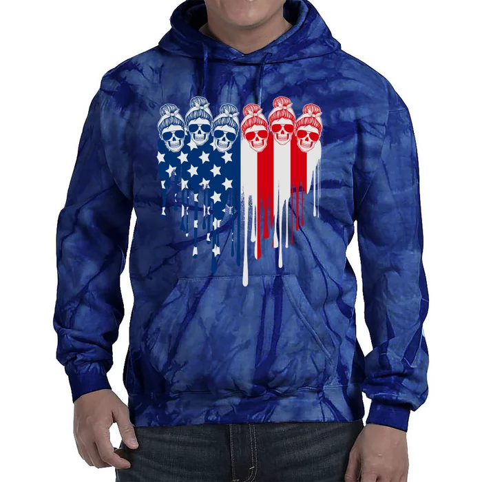 Messy Bun Skulls USA American Flag Painted Heart Tie Dye Hoodie