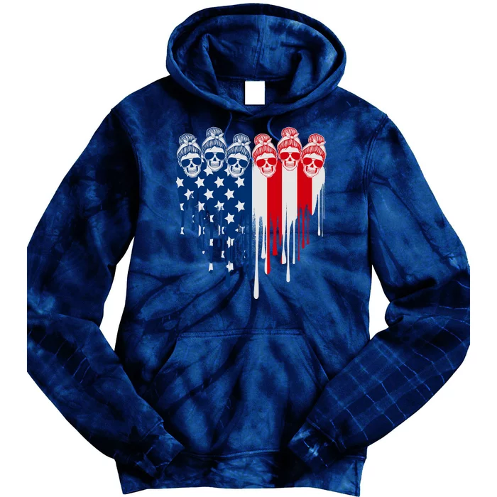 Messy Bun Skulls USA American Flag Painted Heart Tie Dye Hoodie