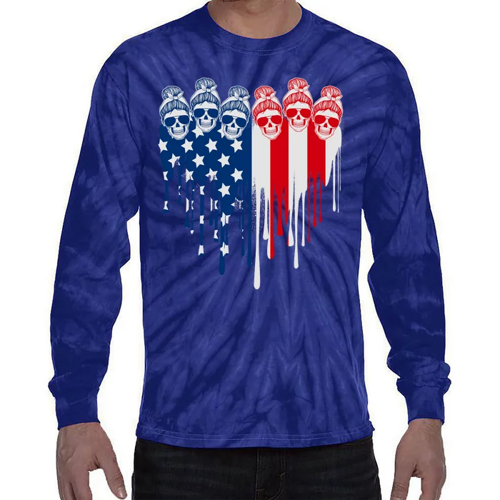 Messy Bun Skulls USA American Flag Painted Heart Tie-Dye Long Sleeve Shirt