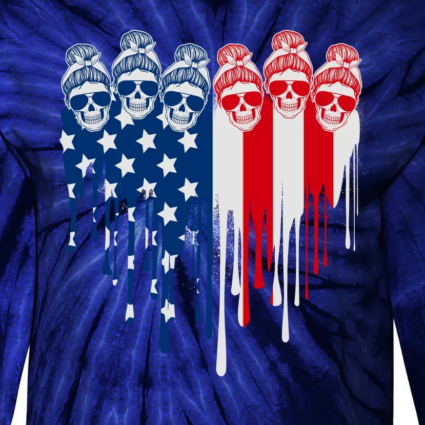 Messy Bun Skulls USA American Flag Painted Heart Tie-Dye Long Sleeve Shirt