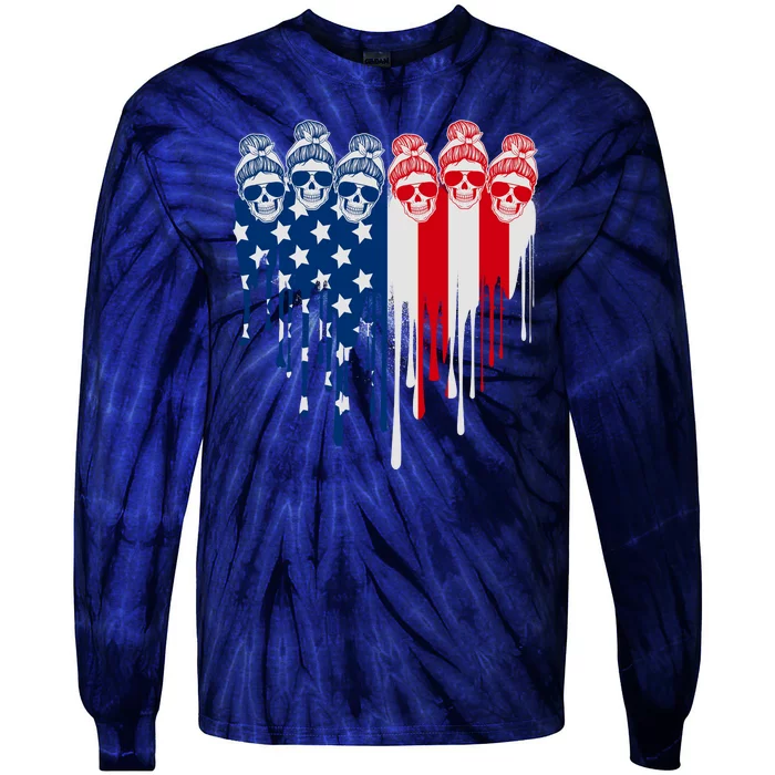 Messy Bun Skulls USA American Flag Painted Heart Tie-Dye Long Sleeve Shirt