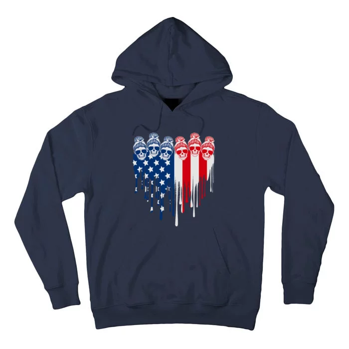 Messy Bun Skulls USA American Flag Painted Heart Tall Hoodie