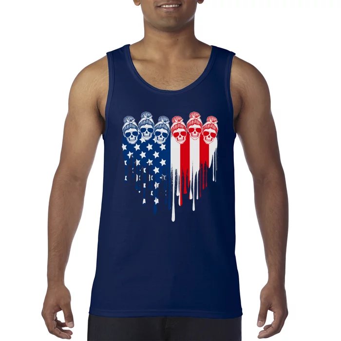 Messy Bun Skulls USA American Flag Painted Heart Tank Top