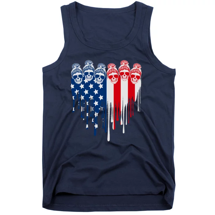 Messy Bun Skulls USA American Flag Painted Heart Tank Top