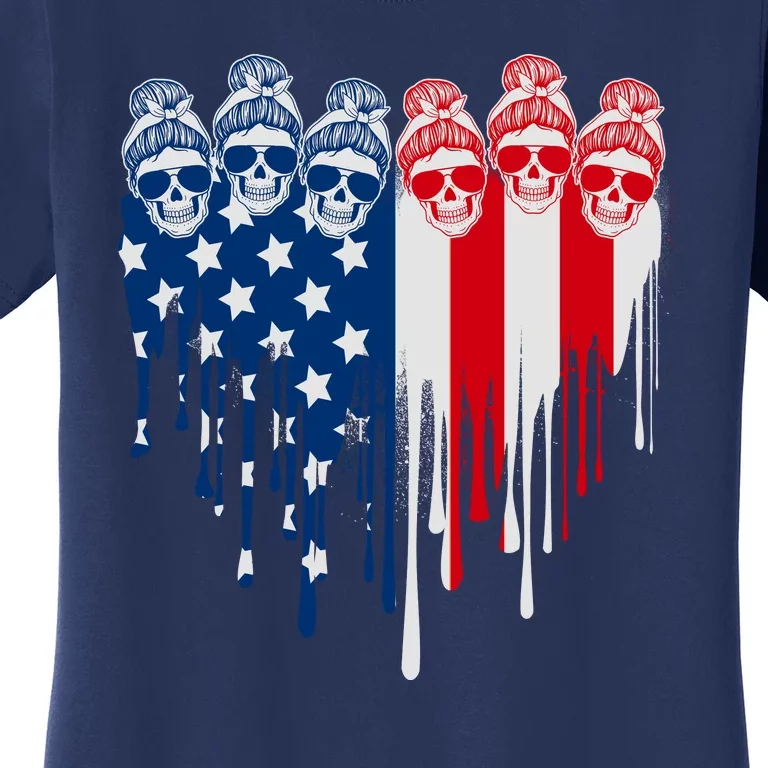 Messy Bun Skulls USA American Flag Painted Heart Women's T-Shirt