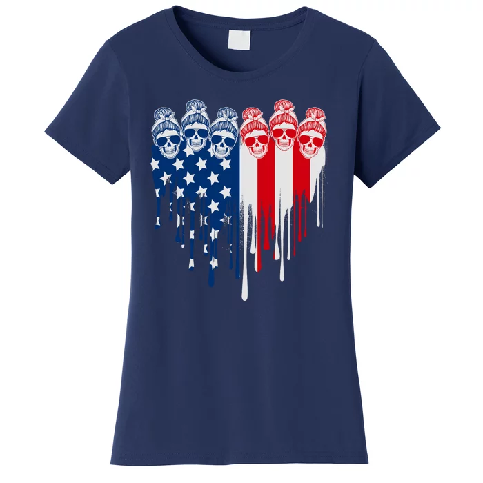 Messy Bun Skulls USA American Flag Painted Heart Women's T-Shirt