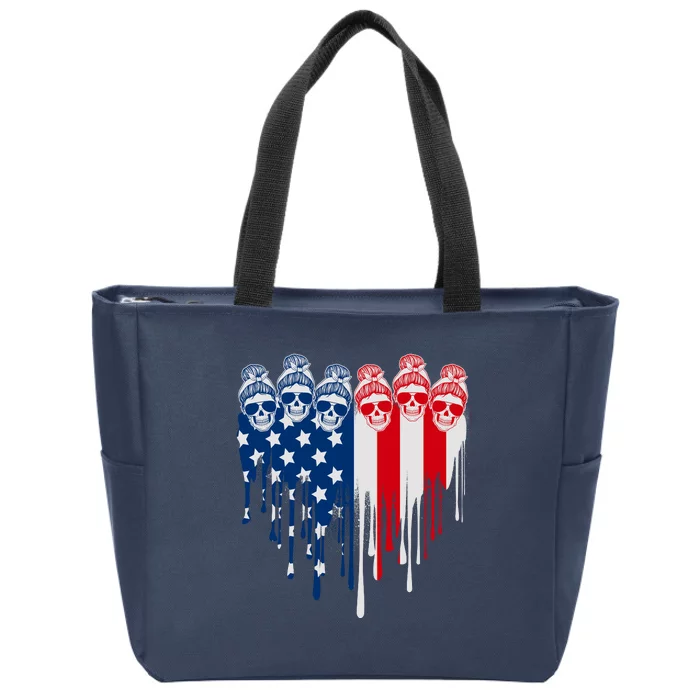 Messy Bun Skulls USA American Flag Painted Heart Zip Tote Bag