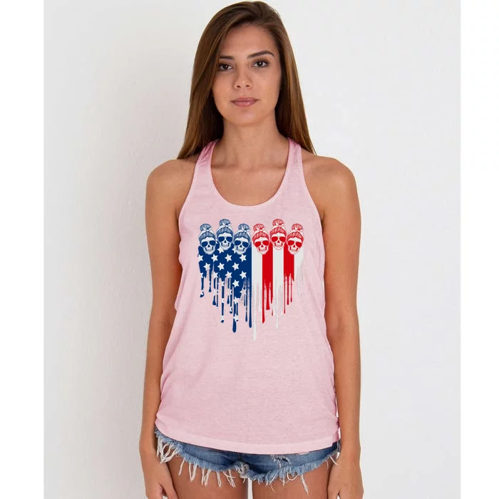 Messy Bun Skulls USA American Flag Painted Heart Women's Knotted Racerback Tank