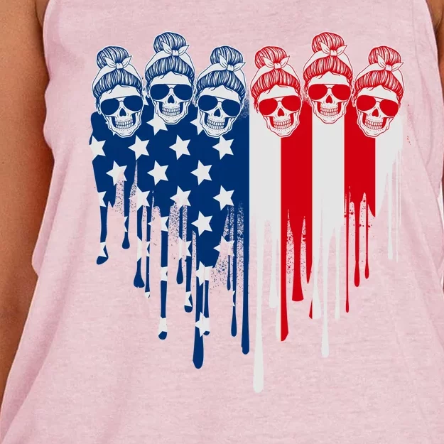 Messy Bun Skulls USA American Flag Painted Heart Women's Knotted Racerback Tank