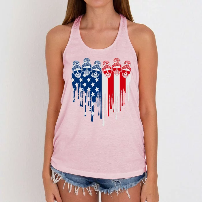 Messy Bun Skulls USA American Flag Painted Heart Women's Knotted Racerback Tank