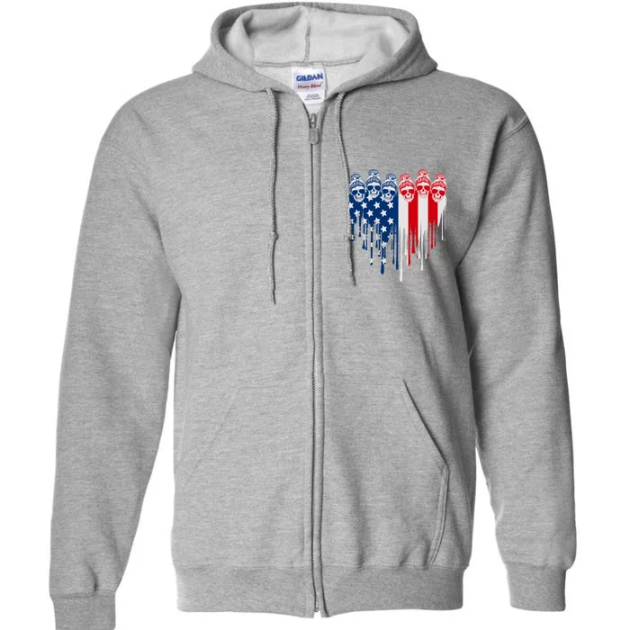 Messy Bun Skulls USA American Flag Painted Heart Full Zip Hoodie