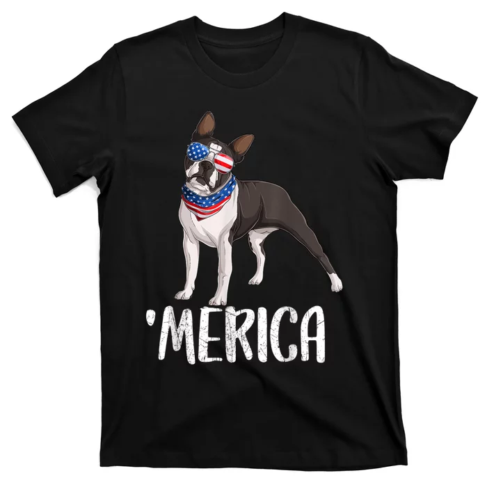 Merica Boston Terrier Dog 4th Of July American Flag T-Shirt