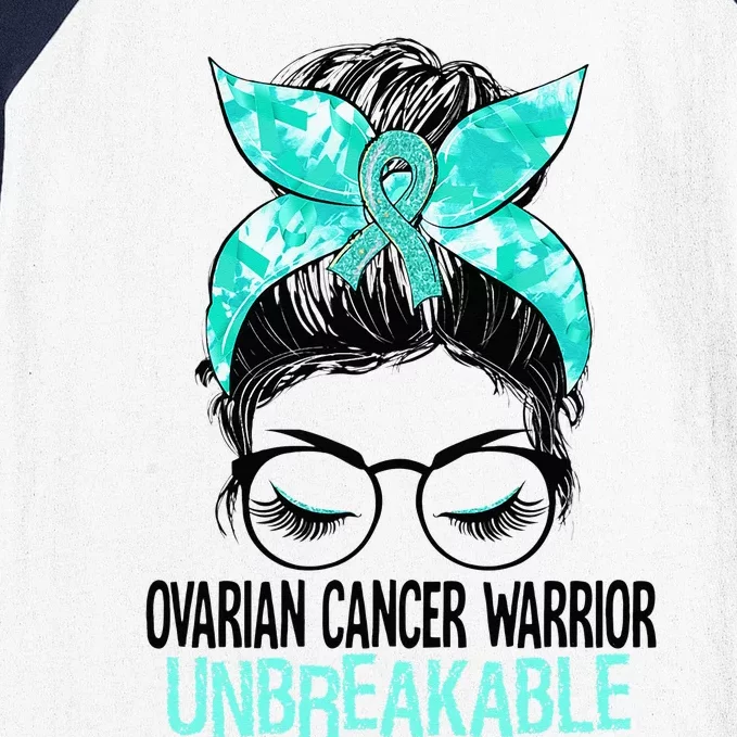 Messy Bun Teal Ribbon Ovarian Cancer Warrior Unbreakable Baseball Sleeve Shirt