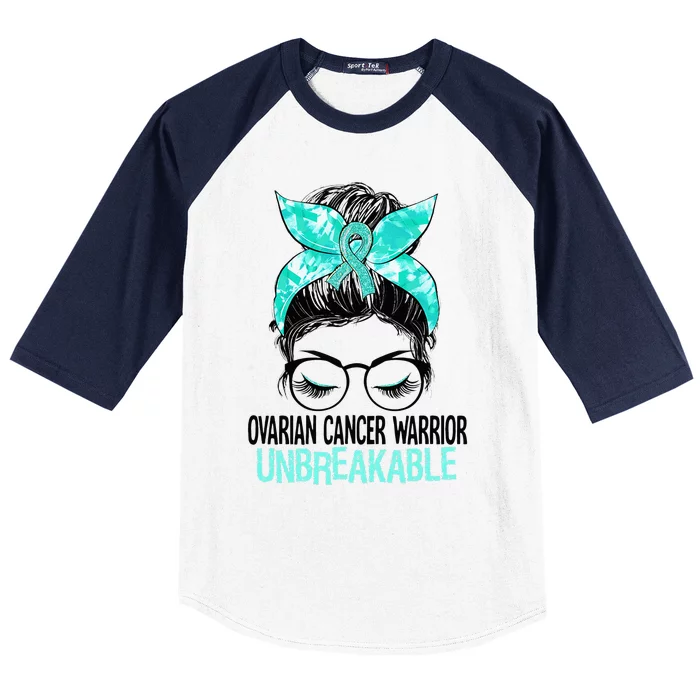 Messy Bun Teal Ribbon Ovarian Cancer Warrior Unbreakable Baseball Sleeve Shirt