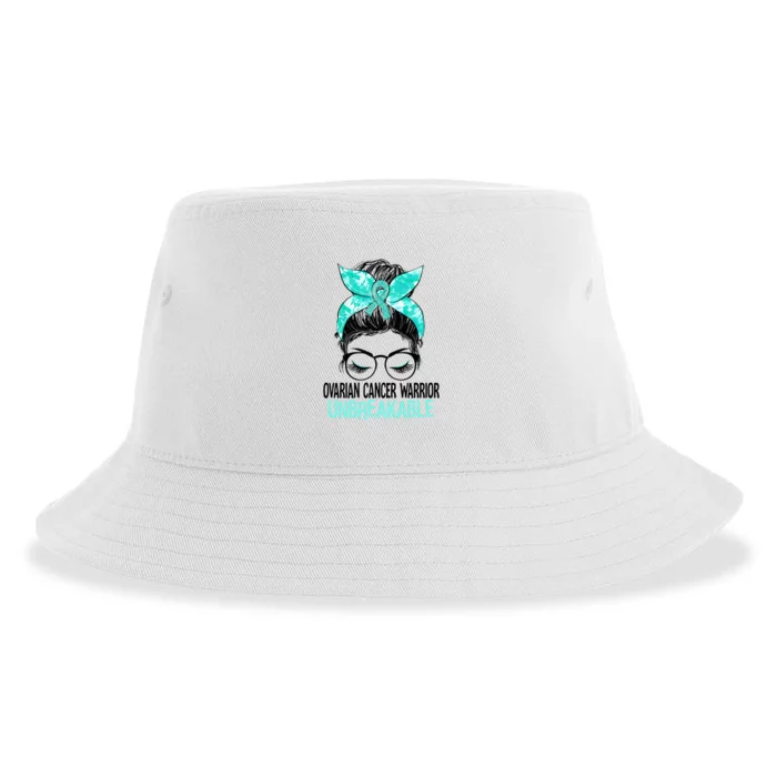 Messy Bun Teal Ribbon Ovarian Cancer Warrior Unbreakable Sustainable Bucket Hat