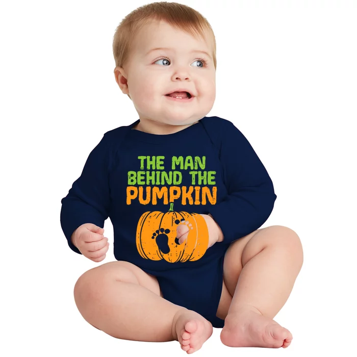 Man Behind The Pumpkin Dad Halloween Pregnancy Announcement Baby Long Sleeve Bodysuit