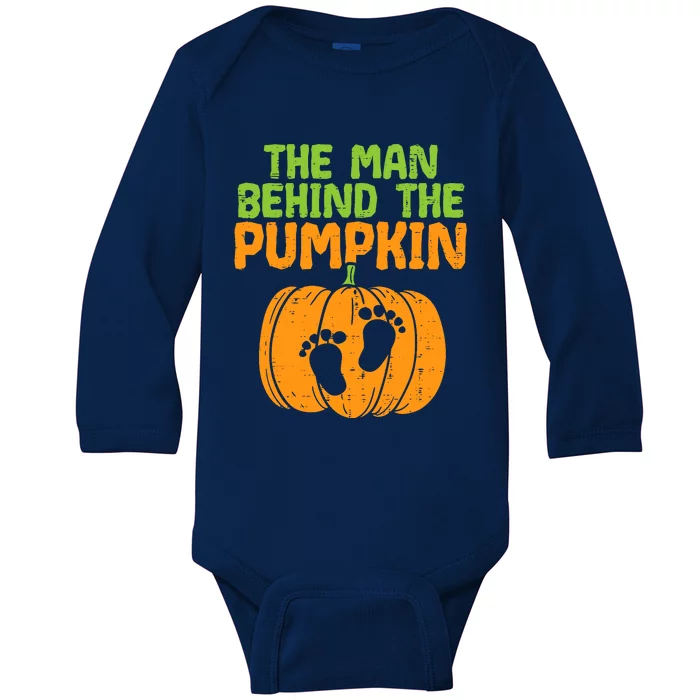 Man Behind The Pumpkin Dad Halloween Pregnancy Announcement Baby Long Sleeve Bodysuit