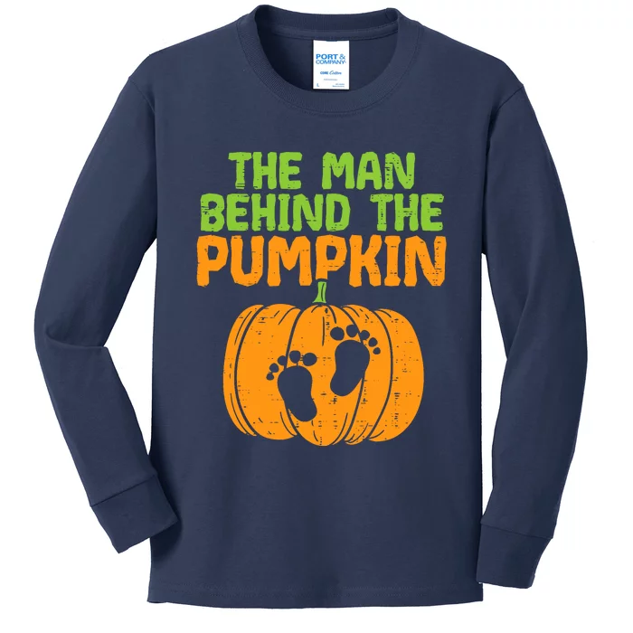 Man Behind The Pumpkin Dad Halloween Pregnancy Announcement Kids Long Sleeve Shirt