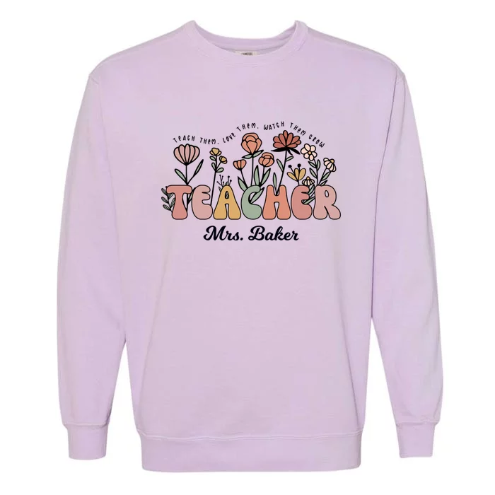 Mrs Baker Teacher Wildflower Back To School Funny Gift Garment-Dyed Sweatshirt