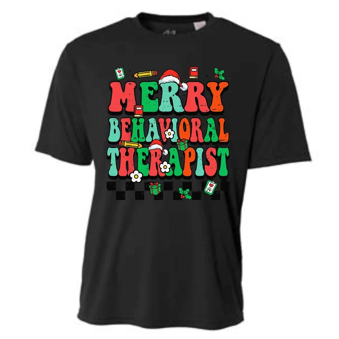 Merry Behavioral Therapist Groovy Christmas ABA Therapy Cooling Performance Crew T-Shirt