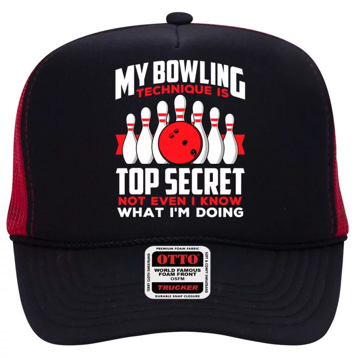 My Bowling Technique is Top Secret Funny Bowling Bowler High Crown Mesh Trucker Hat