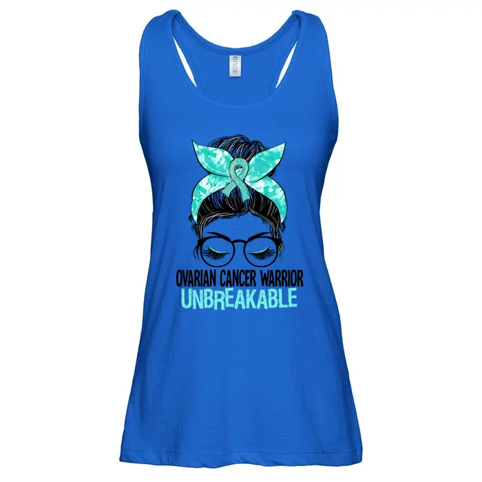 Messy Bun Teal Ribbon Ovarian Cancer Warrior Unbreakable Funny Gift Ladies Essential Flowy Tank