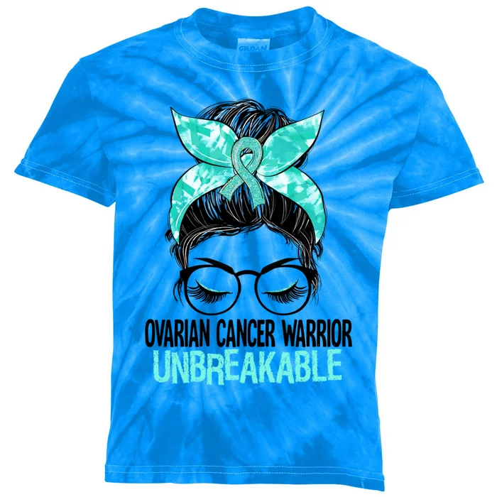 Messy Bun Teal Ribbon Ovarian Cancer Warrior Unbreakable Funny Gift Kids Tie-Dye T-Shirt