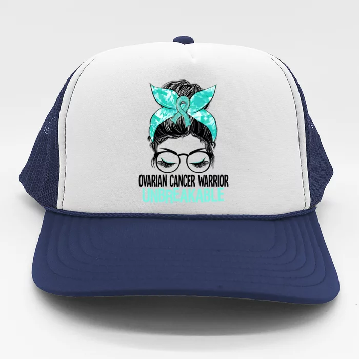 Messy Bun Teal Ribbon Ovarian Cancer Warrior Unbreakable Funny Gift Trucker Hat