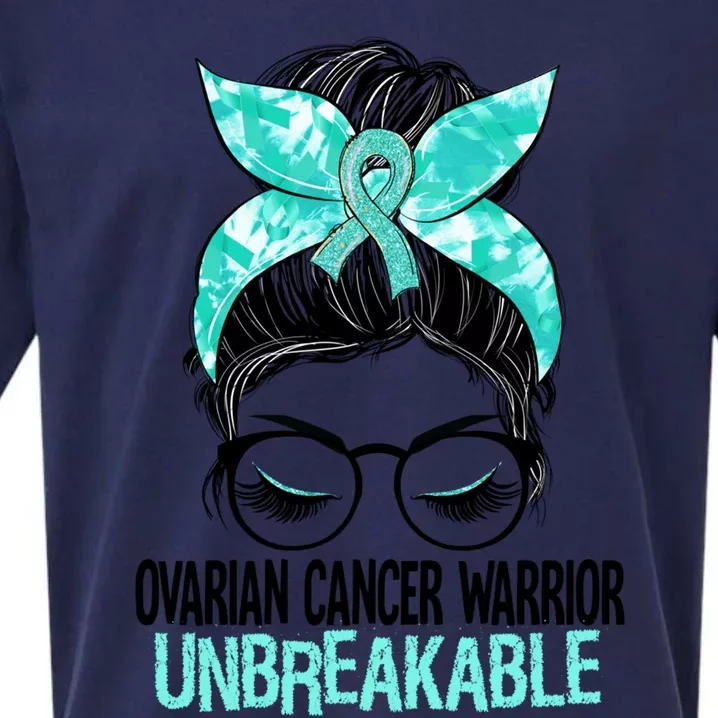 Messy Bun Teal Ribbon Ovarian Cancer Warrior Unbreakable Funny Gift Sueded Cloud Jersey T-Shirt