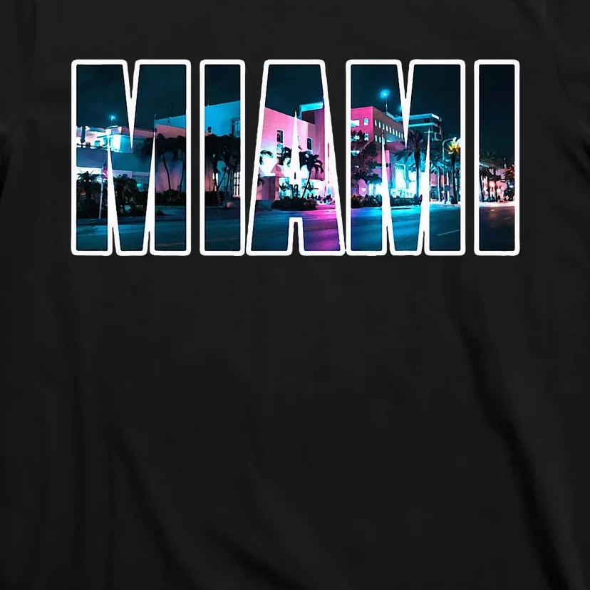 Miami Beach Urban Skyline City By Night Florida Usa T-Shirt