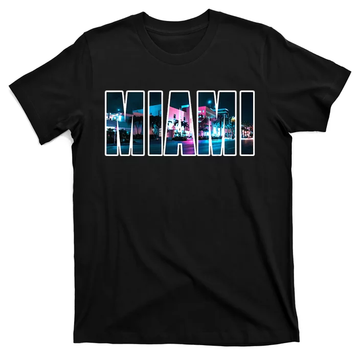 Miami Beach Urban Skyline City By Night Florida Usa T-Shirt