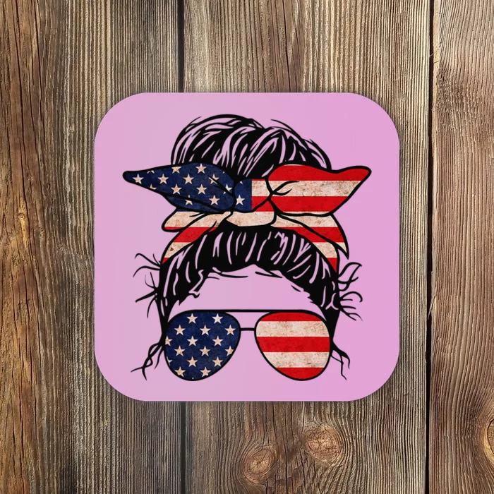 Messy Bun USA Flag Glasses 4th Of July Patriotic Coaster