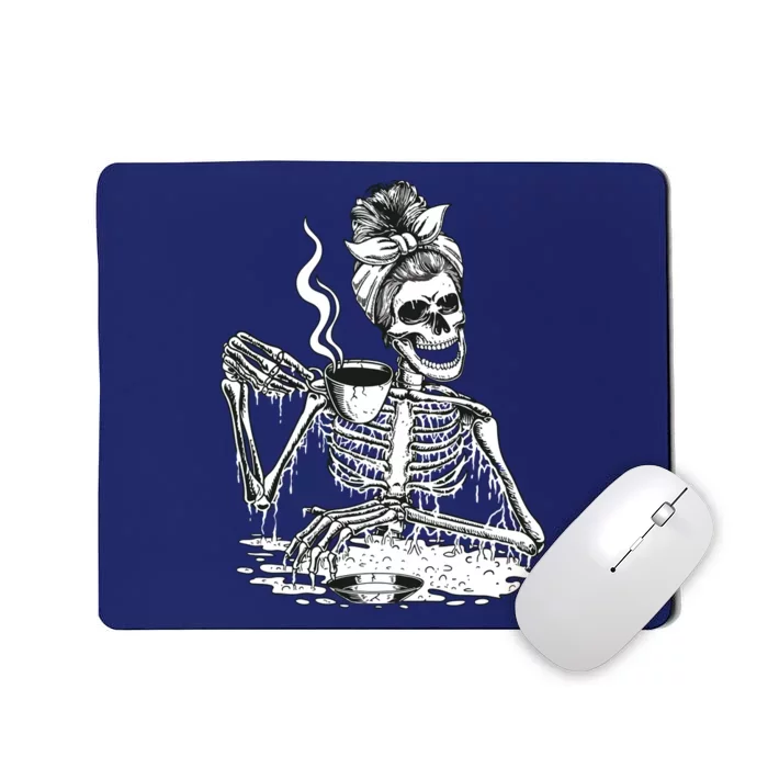 Messy Bun Women Skeleton Drinking Coffee Halloween Skeleton Sweat Mousepad