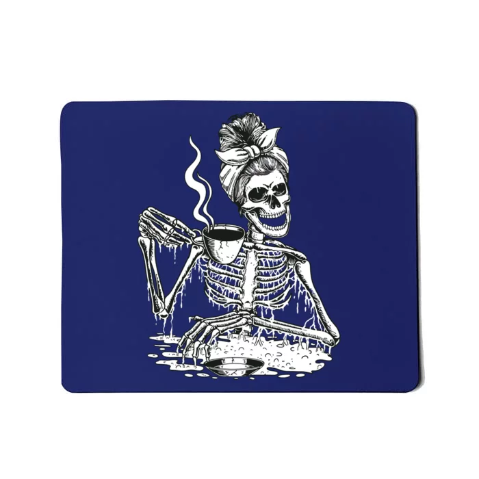 Messy Bun Women Skeleton Drinking Coffee Halloween Skeleton Sweat Mousepad