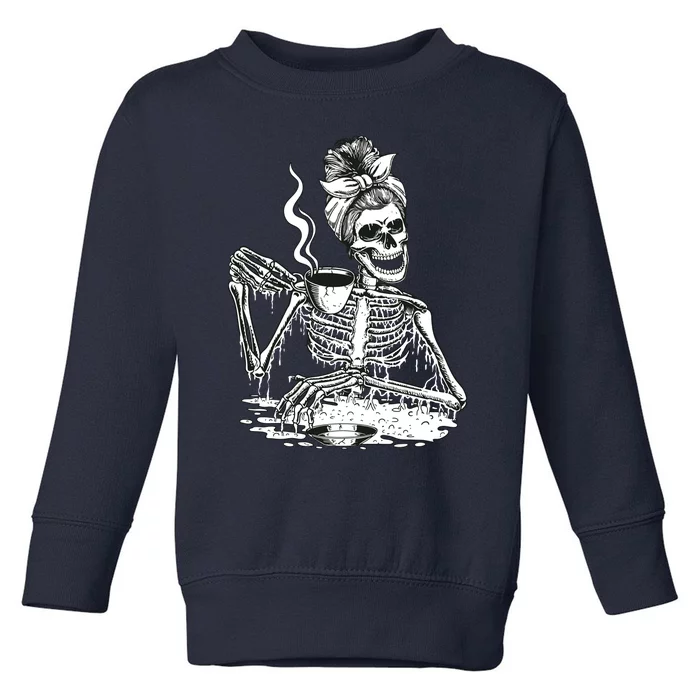 Messy Bun Women Skeleton Drinking Coffee Halloween Skeleton Sweat Toddler Sweatshirt